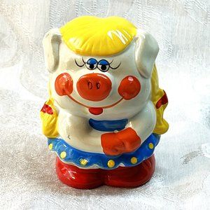 Enesco Ceramic Anthropomorphic Vintage Girl Pig Piggy Bank Blonde Hair 6.5"